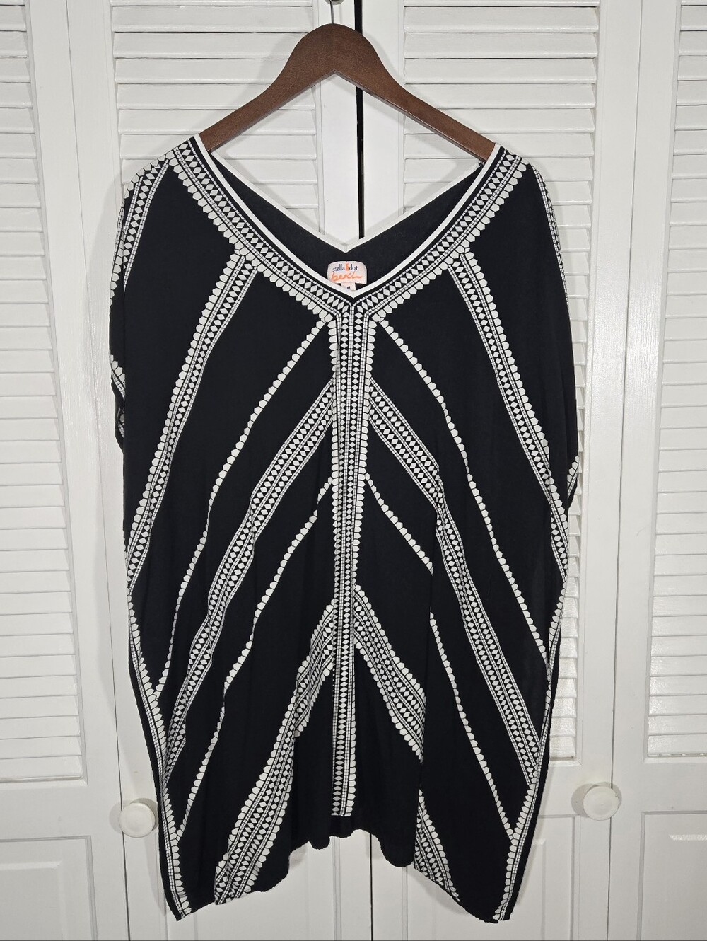 Stella & Dot Beach Kaftan Black White Geo V Neck Oversize Beach Cover Up Sz M